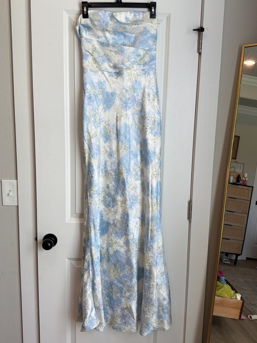 Strapless Satin Maxi Skirt in Light Blue and White